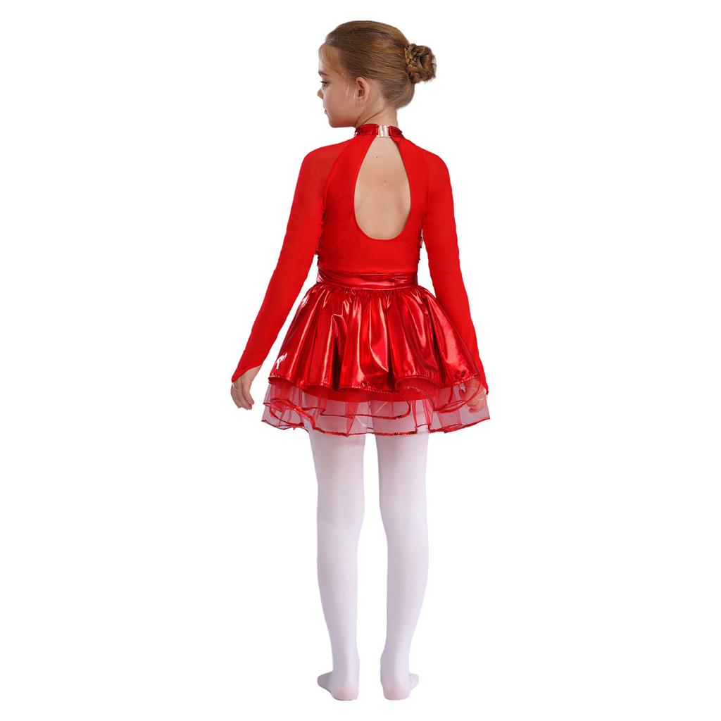 Mädchen Metallic Tutu Kleid Pailletten Durchsichtiges Mesh Langarm Design Schlüsselloch Rücken Funkelndes Tanzkostüm