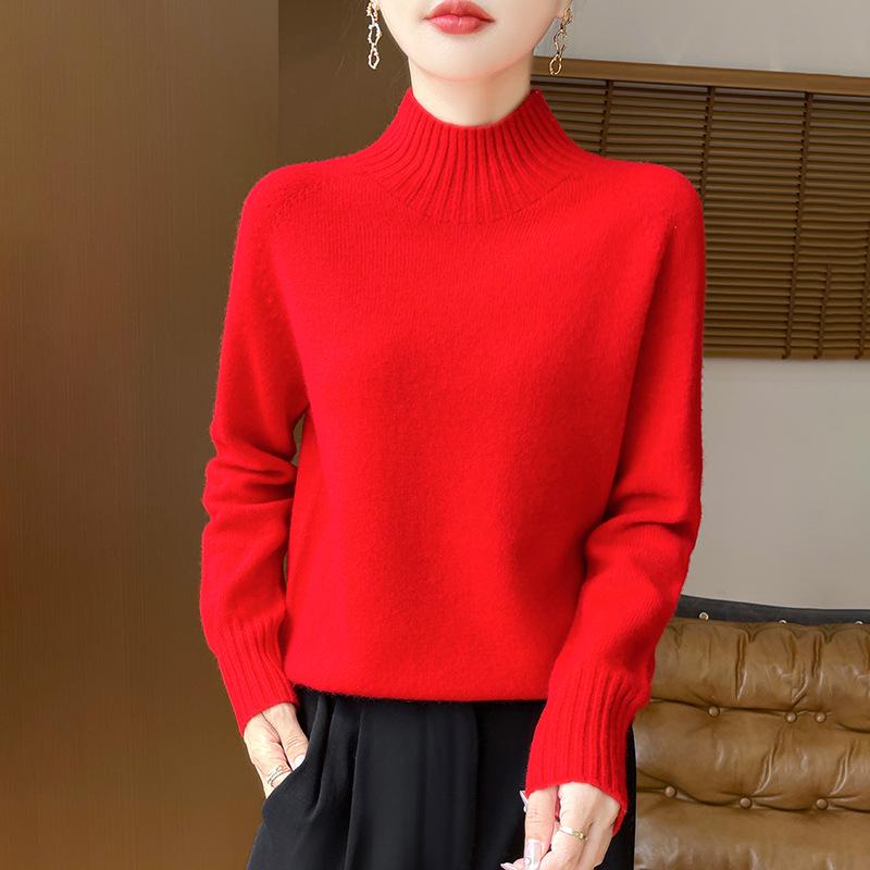 Women's Pure Wool Half-High Collar Loose Knit Sweater - Thickened Autumn/Winter Base Layer Pullover