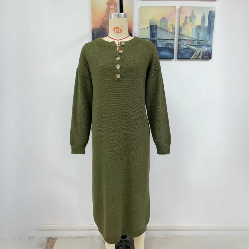IHUASU Podzimní a zimní knoflíkové pletené šaty Módní Temperament Commuter Dámský svetr