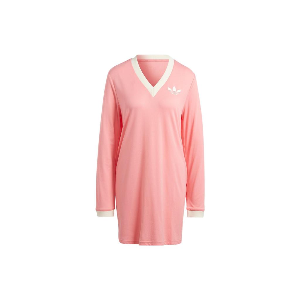 Adidas Originals Trefoil Logo Print V-Neck Long Sleeve Dress Women Dresses Pink IB2050