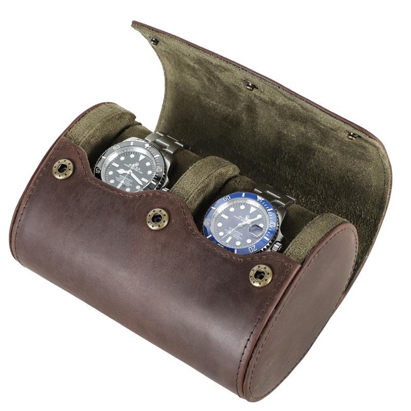 Vintage Crazy Horse Leather Watch Storage Box - Two-Piece Handmade Travel Case
