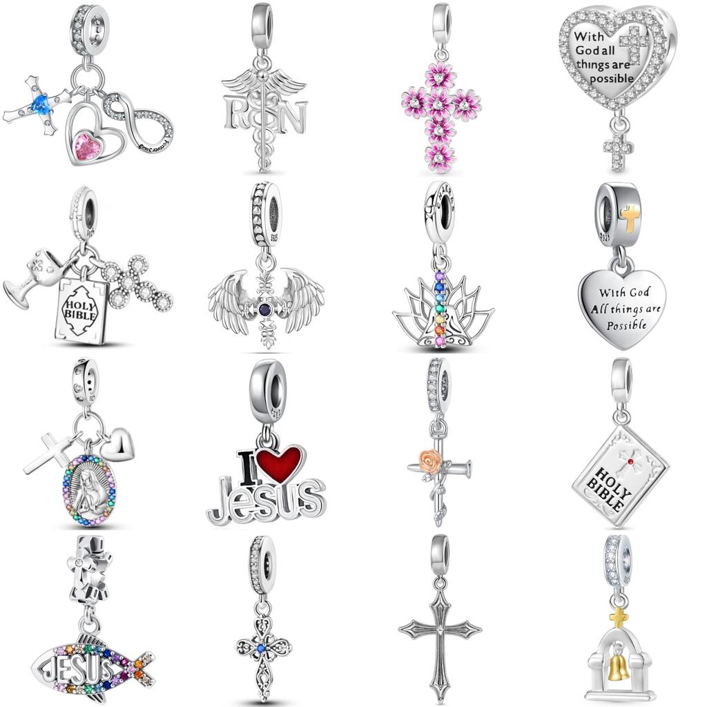 925 Silver Cross Flower Wings Clock Charm Pendant DIY Bracelet Jewelry Gift for Women Men Fashion