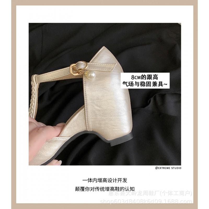 Womens Elegant Pointed-Toe Mule Sandals With Pearl Buckle 8cm Hidden Heel Slip-On Style Fall Wear