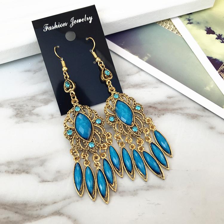 Vintage court gem set earrings long temperament bohemian earrings niche earrings women