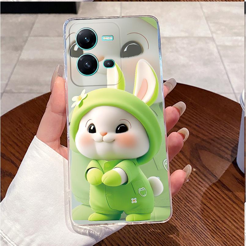 Phone Case For Vivo V25 Y35 Casing Luxury Cute Love Heart Rabbit Funny Pattern Transparent Silicone TPU Soft Shell Back Cover