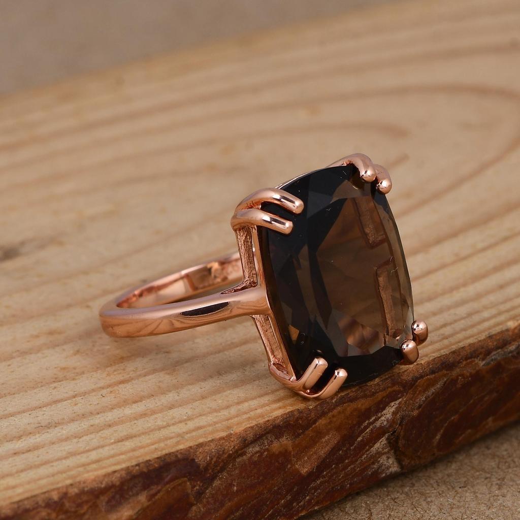Attraktiver Rosegold Smoky Quarz Edelsteinring, 925 Silber Krappenfassung Ring, Handgefertigter Schmuck Für Frauen, Trendig Als Geschenk, Jahrestag Geschenk Für Frau
