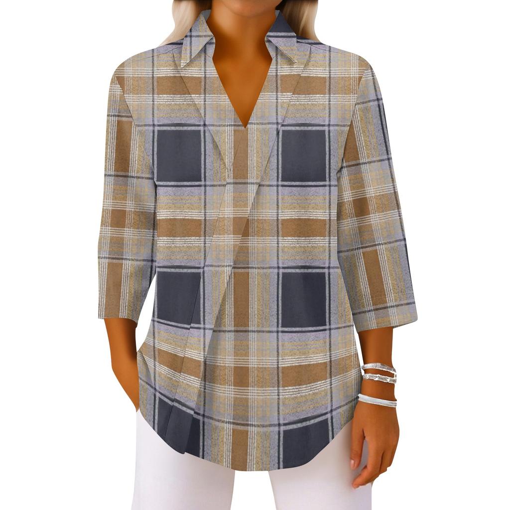 Dámske topy s 3/4 rukávom, košeľe s V-výstrihom, trendy potlačené, business casual, pracovné blúzky