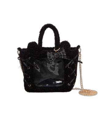 WEGO Women's Lace-Up Mini Plush Shoulder Bag with Ears, Size F, Black