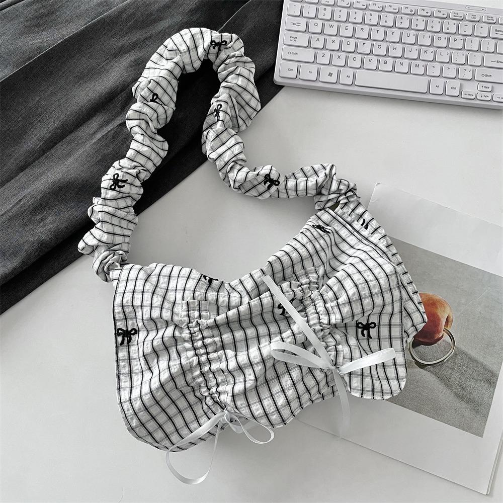 

Stripe Pleated Shoulder Bag Nylon Fresh Lace Handbag Embroidery Bow Tote Bag Travel Style4
