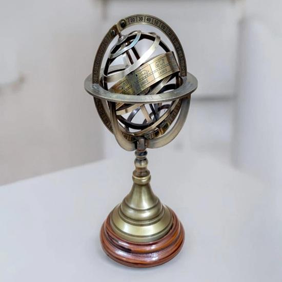 15.24 cm Brass Armillary Sphere on Elegant Wooden Base A Nostalgic Décor Accent for Your Home Décor Table top Gift