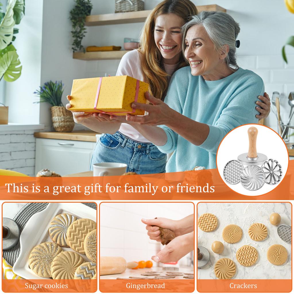 3 Pcs Cookie Stamp Rustproof Cookie Cutter Mold Press Wooden Handle Cookie Embosser Molds DIY Baking Gadget for Home and Kitchen