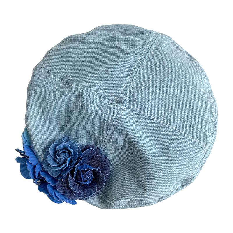 1PC Woman Vintage Blue Camellia Elegant Trendy Fashion Denim Fabric Painter Cap Beret