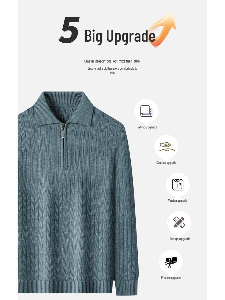 Men's Mid-Aged Half-Zip Knit Polo Shirt - Thick Solid Color Sweater for Autumn and Winter