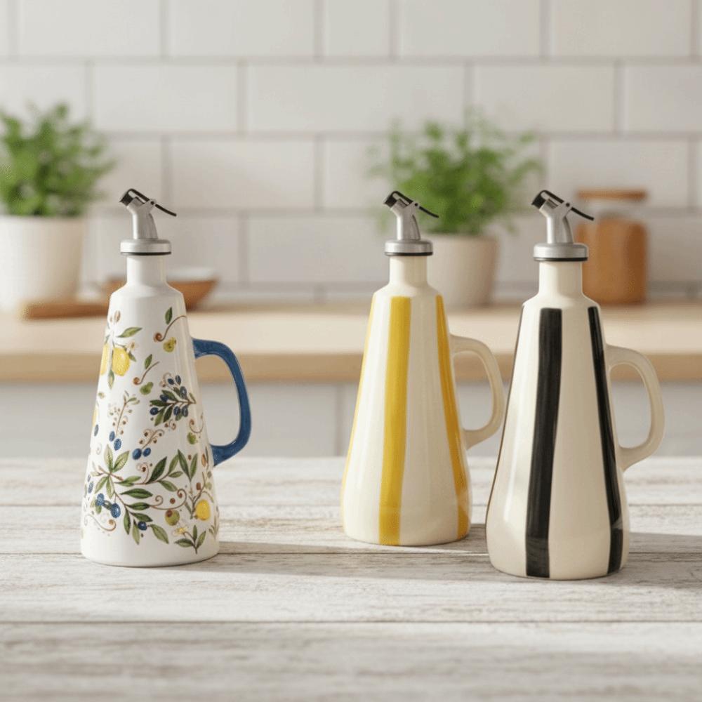 Automatic Pouring Ceramic Oil Bottle Cone-shaped Floral Olive Oil Dispenser Lemon Pattern with Handle