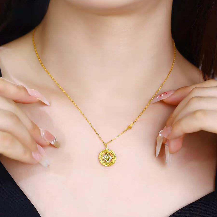 Gold Crushed Ice Dream Catcher Four-Leaf Clover Necklace - Imitation Vietnamese Sand Gold Clover Pendant