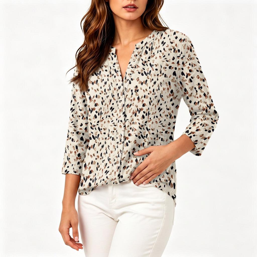 Women Floral Print Button Front Henley Shirt Three Quarter Sleeve Lightweight Linen Cotton Blend Blouse Casual Top