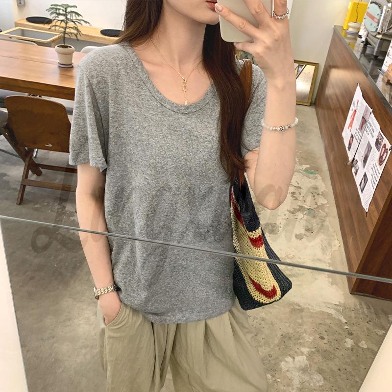 2026 Korean Gray Drop Shoulder T-Shirt - Women’s Loose Slimming Summer Style Large
