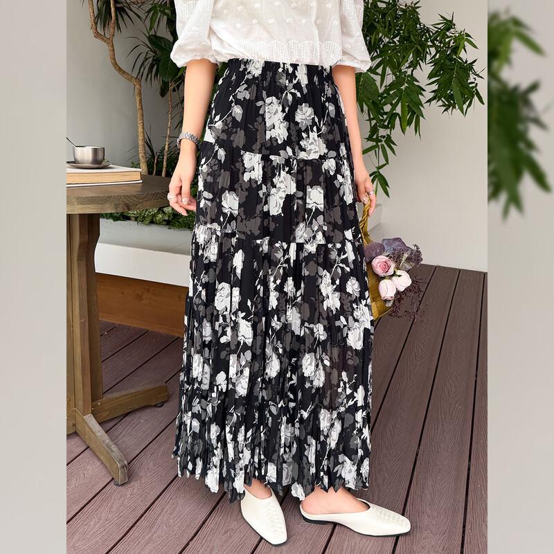 Bailuyu Retro Color Block Pleated Tiered Midi Skirt F