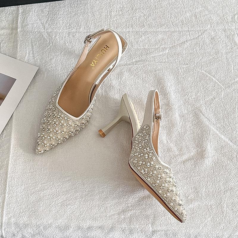 B813-ES8 Sequined Temperament Socialite Bag Head Sandals 2025 New Summer Pointed Rear Empty High-heeled Shoes