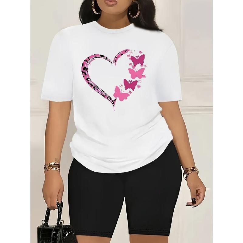 Completo Donna Taglia Europea per San Valentino con Cuore e Motivo Farfalla Stampati - T-shirt Casual Nera a Maniche Corte, vestibilità comoda(Solo top)