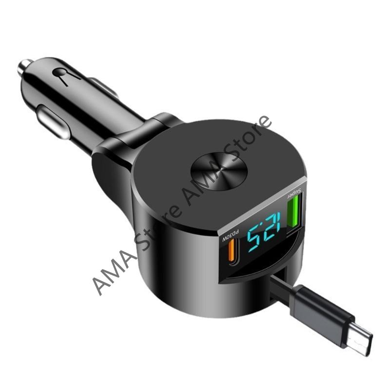 Voltage Detection Car Charger Adjustable Super Fast 3 In 1 Retractable Phone Charger USB QC3.0 Type C PD USB C Fast Charging
