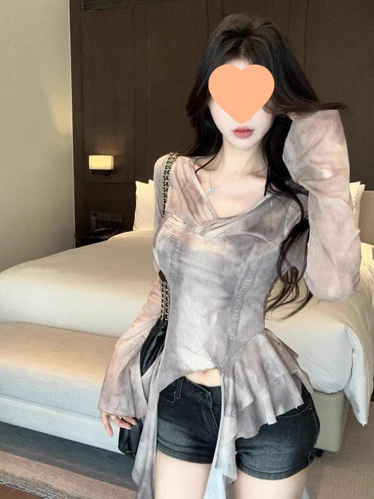 French Style Ruffle Print Sheer Slim-fit Summer T-shirt for Women