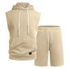 Mens Casual Solid Textured Sleeveless Hoodie And Shorts Set