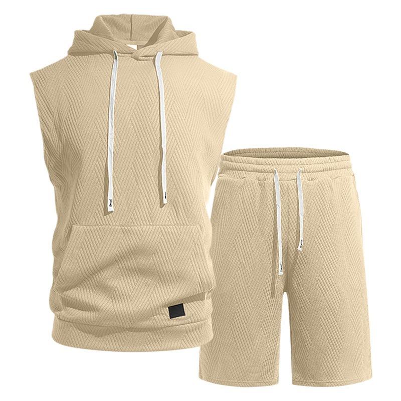 Mens Casual Solid Textured Sleeveless Hoodie And Shorts Set