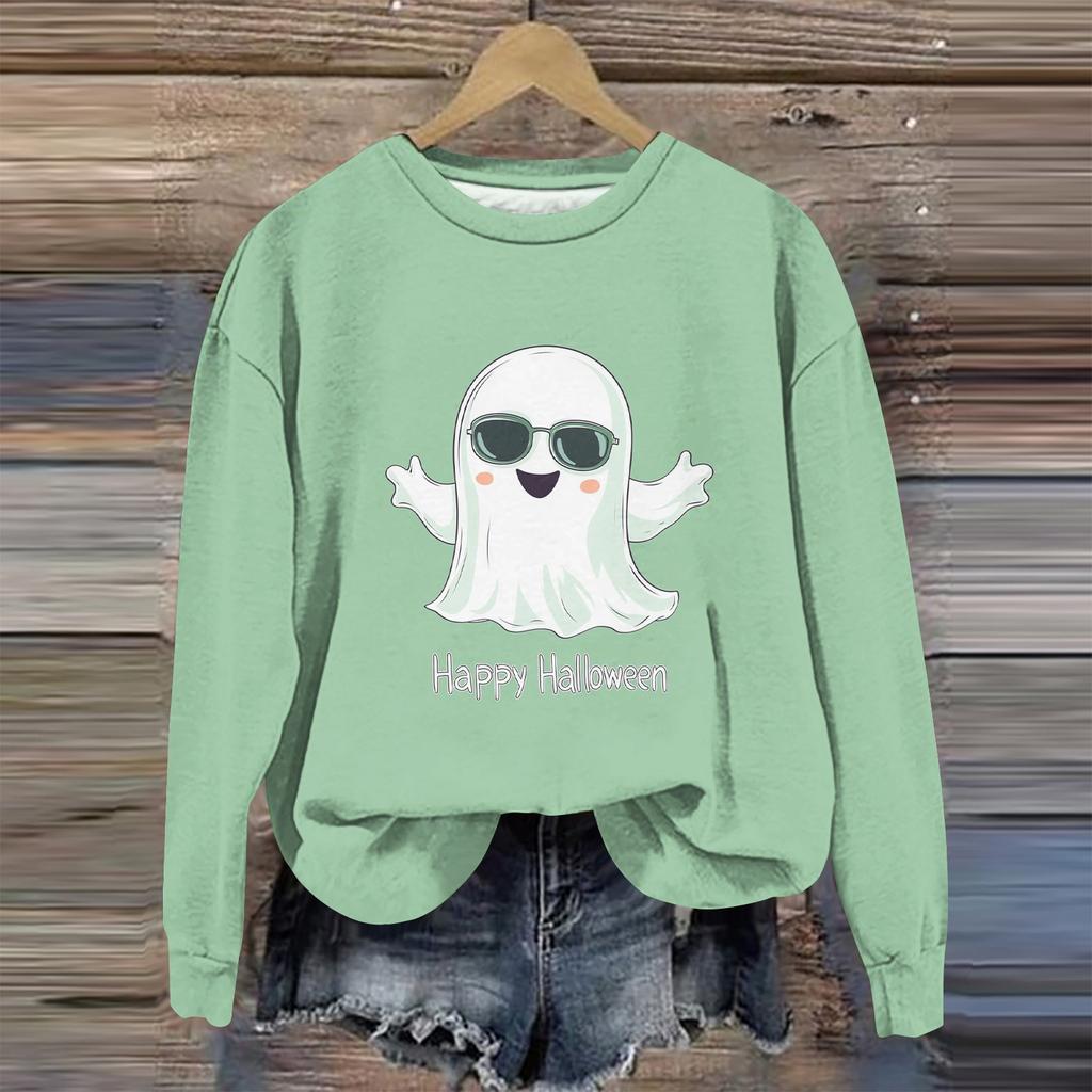 Moda feminina manga comprida estampa de Halloween gola redonda suéter top