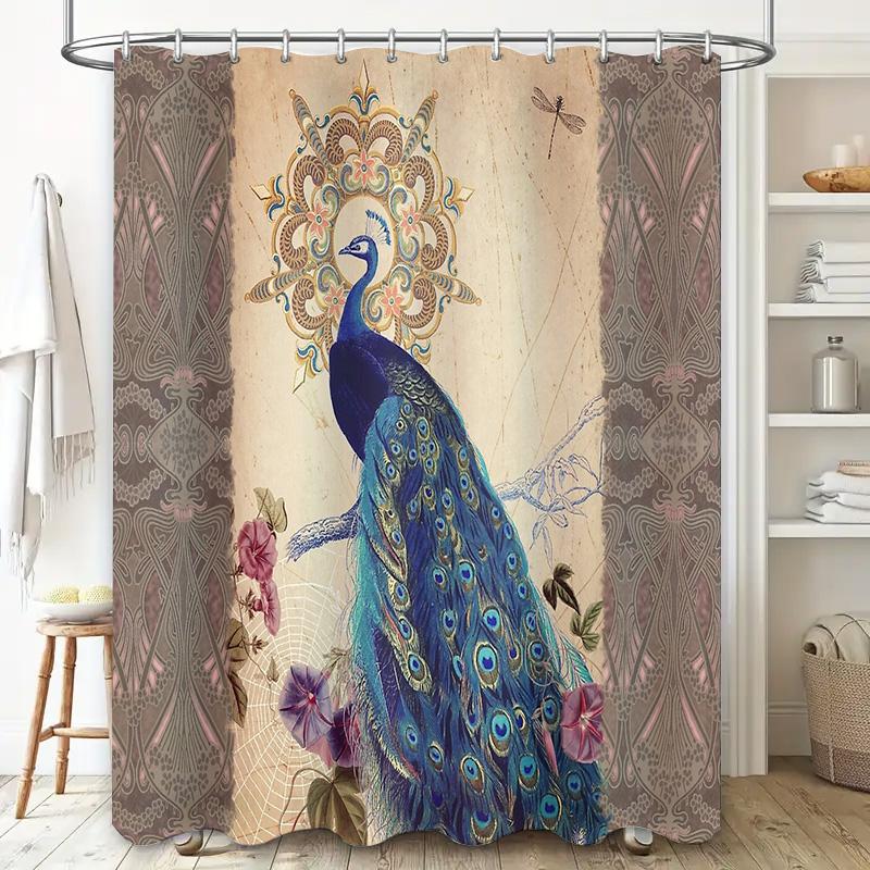Peacock Shower Curtain Floral Birds Pattern Bathroom Decor Waterproof Fabric Vintage Nature Blue Teal Home Textile Room Divider