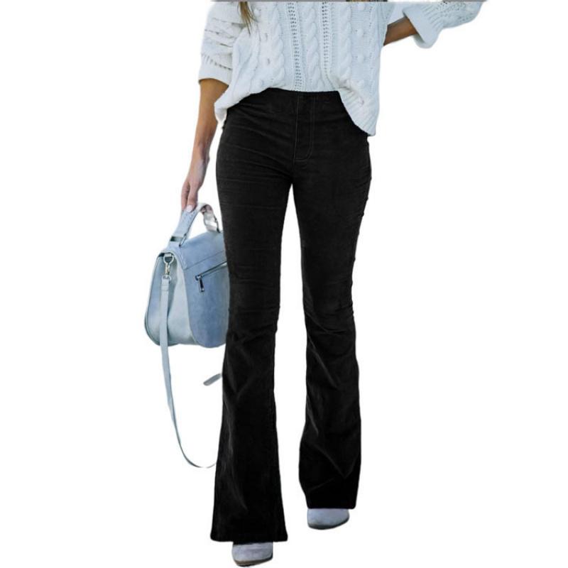2026 Spring/Summer Women's Solid Color High-Waisted Slim Fit Slight Flare Corduroy Elastic Waist Casual Pants