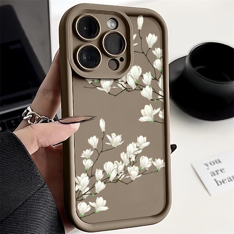 Pro iPhone 16 15 Pro Max 14 Plus 13 12 Pro 11 XS XR 8 7 Kryt Bílé květy Nárazuvzdorná měkká ochrana objektivu Pouzdro na telefon