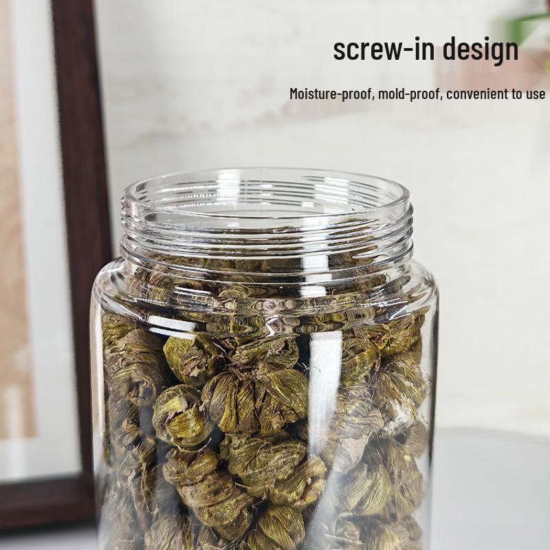 PET Plastic Storage Jar with Imitation Wood Grain Lid, High Transparency, Food Grade for Medicine, Herbs, Tea, Flowers, Grains, and Nuts.