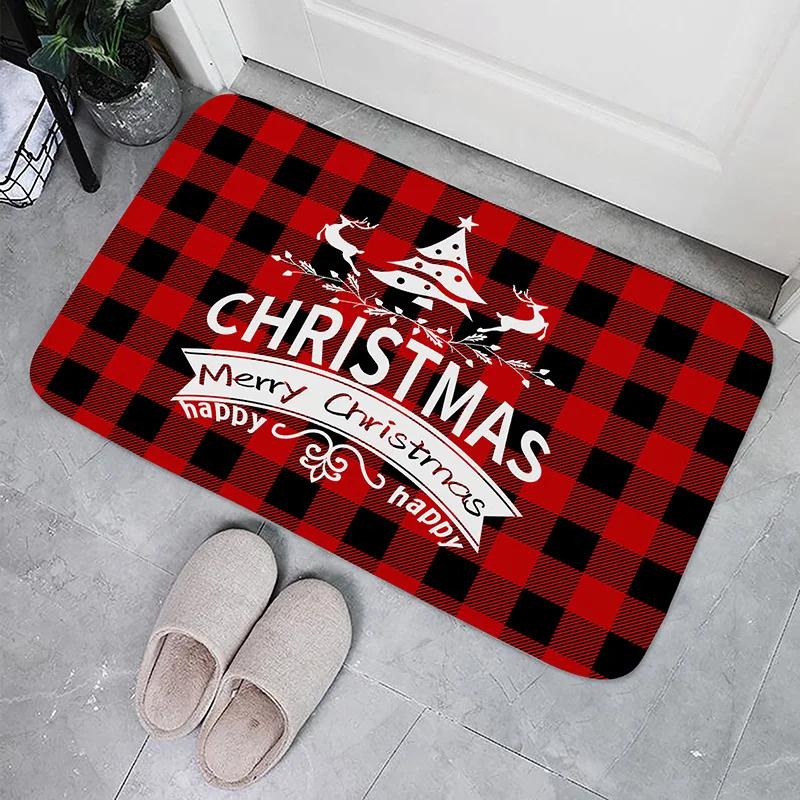 Christmas Buffalo Plaid Check Floor Mat Decorations Winter Xmas Front Door Mat Bathroom Non-Slip Foot Pad Christmas Decorations