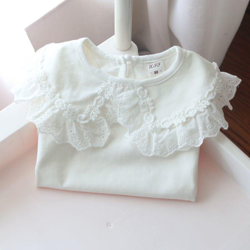 Girls' White Peter Pan Collar Long Sleeve Cotton T-Shirt for Spring/Autumn