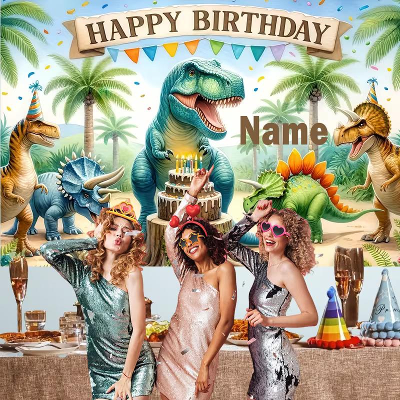 Cute Cartoon Dinosaur Birthday Backdrop, Customizable Name Tropical Jungle Party Background for Boys Room & Photoshoot