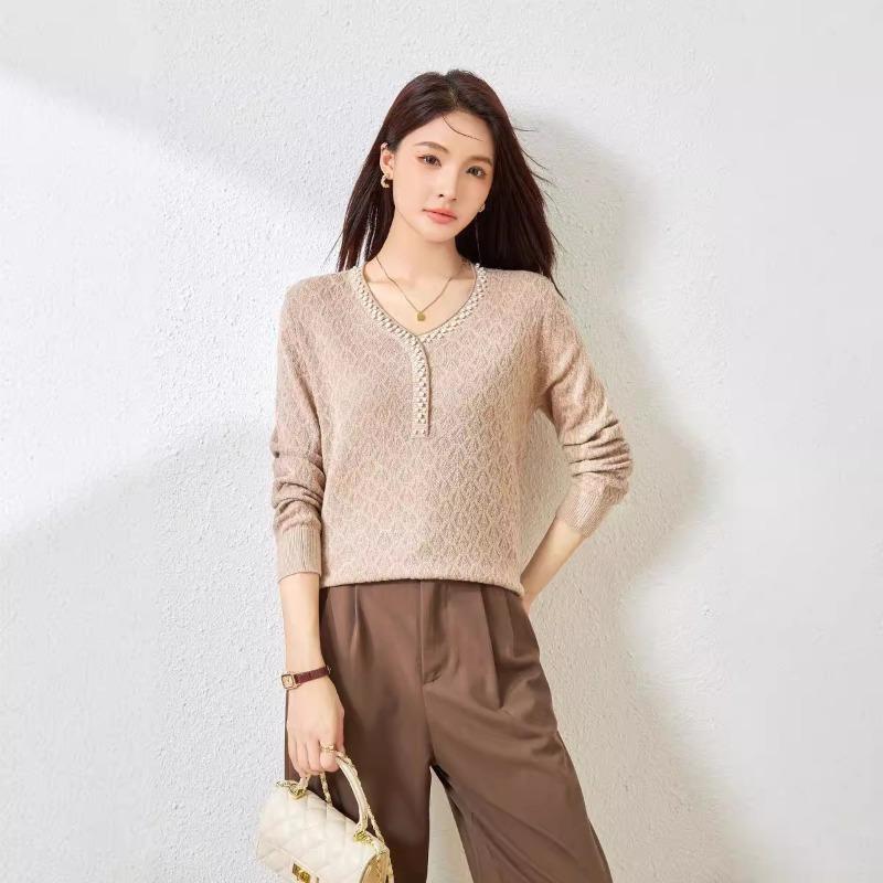 Silk wool beaded v-neck pullover knitted sweater women's autumn new jacquard solid color long-sleeved pullover bottoming top