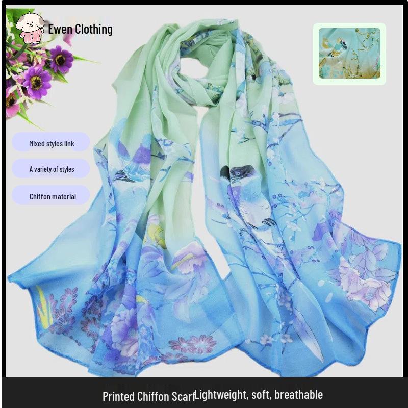 Frühlings Herbst Blumen Vogel Chiffonschal: Sonnenschutz Chinesischer Stil XQ06