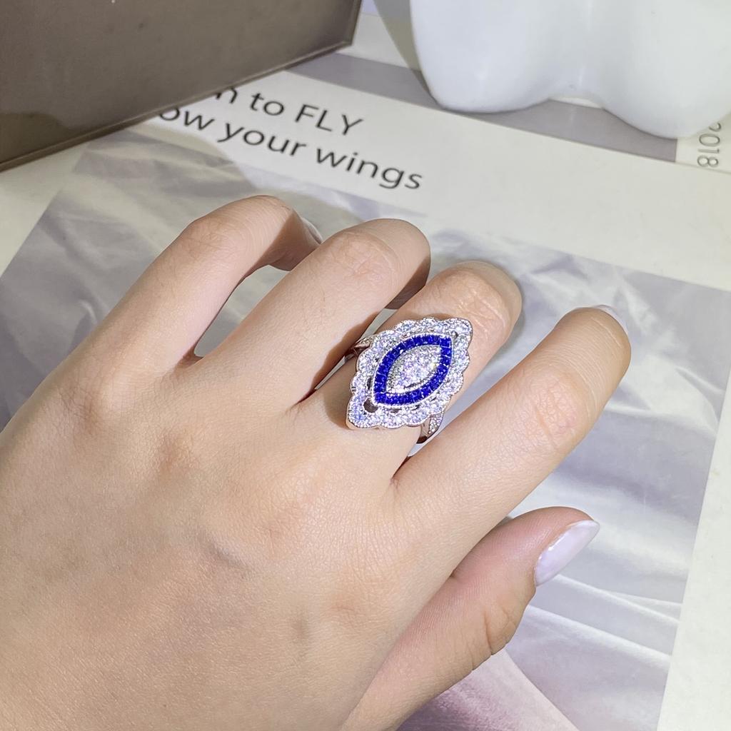 2022 Mode Luxus Blauer Topas Verlobungsring Damen 925 Stempel Voller Diamant Blauer Zirkon Ring Party Geschenk