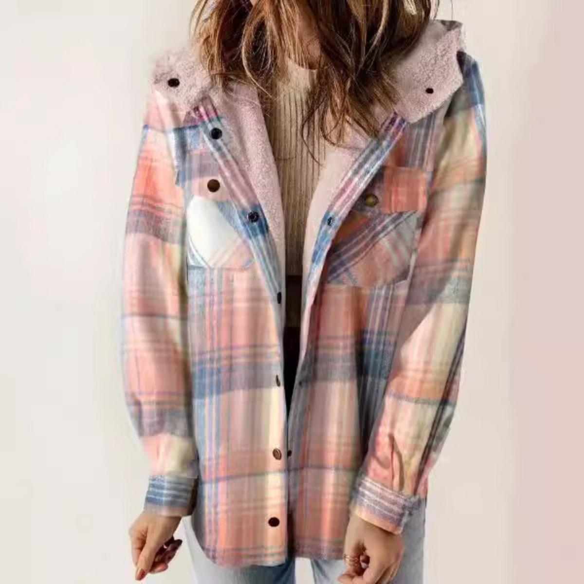 

Осенне-зимняя повседневная куртка, клетчатая шерстяная куртка с капюшоном для женщин, с флисовой теплой курткой для женщин, рубашка для женщин XXL розовый