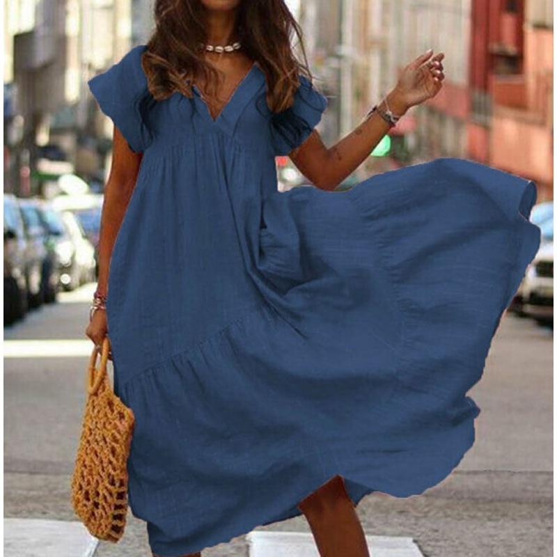 

Макси Модное Женское Платье Короткий Рукав Повседневный Бохо Кафтан Туника Большой Размер DarkBlue,L