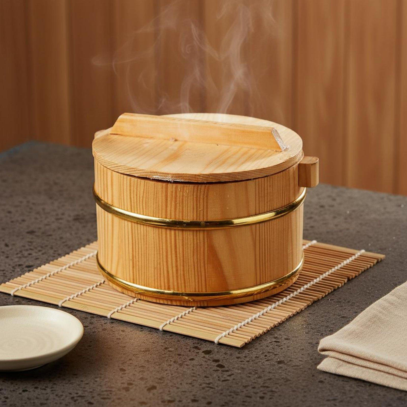 Wooden Rice Bucket with Lid Rimmed Design Wood Sushi Mixing Bowl Oke