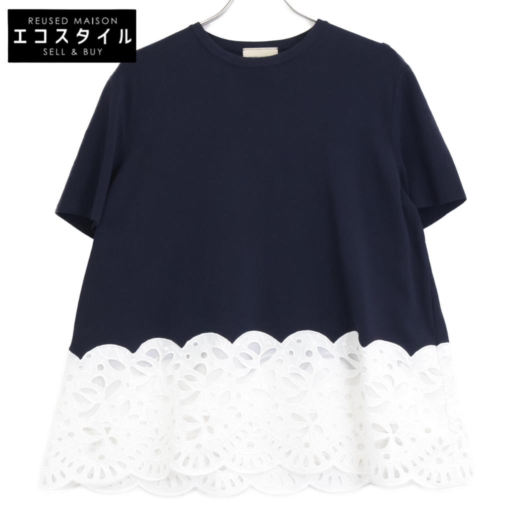 UNITED ARROWS [Excellent Condition] 1518-183-1832 Scallop Lace Combination Knit Tops * There Is No Size Description. Navy / WhiteUsed