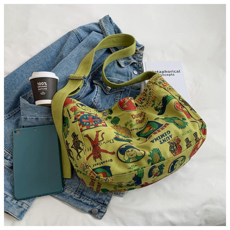 

New Women Canvas Shoulder Bag Large Capacity Graffiti Crossbody Bag Lazy Style Comfortable and Versatile Texture Commuting Bag зелёный