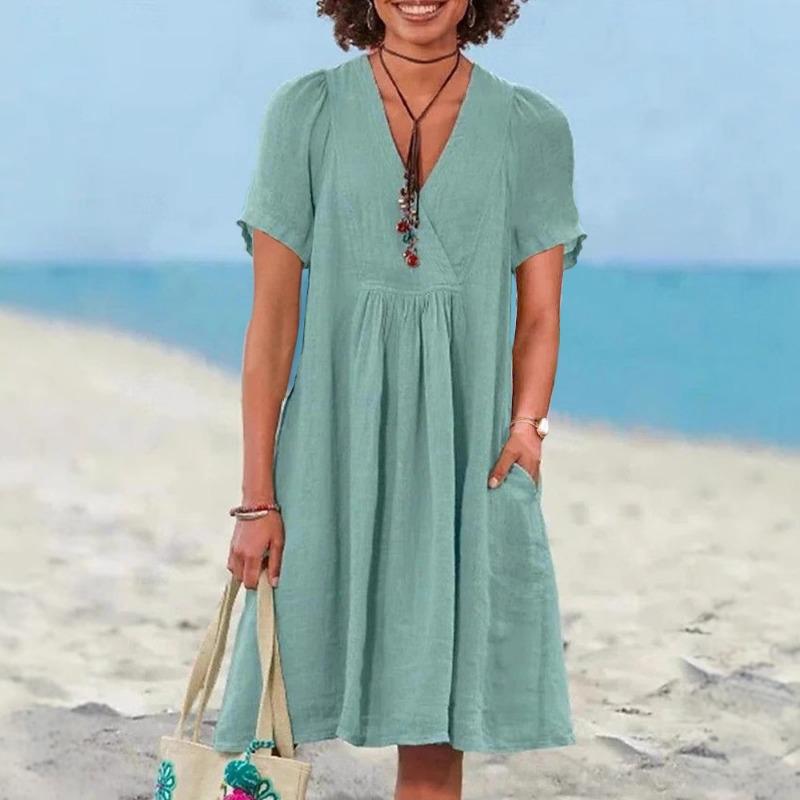 

Summer New Women s Casual Retro Cotton and Linen Short Sleeved Dress 3XL светло-зеленый