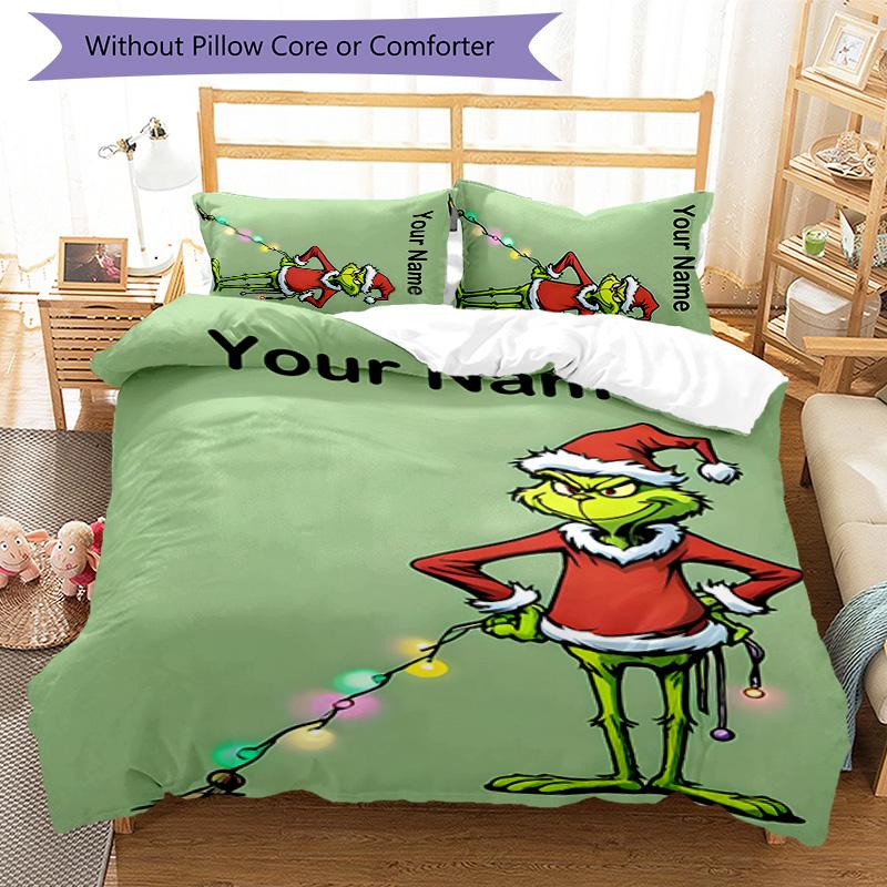 3pcs Crunch Christmas2 Cover Set - Personalized Name, HD Printed Bedding with 1 Cover and 2 Pillowcases - Perfect for Home Decor, Easy Care