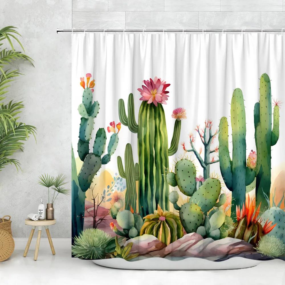 Cactus Shower Curtain Tropical Plant Greenery Moon Flower Desert Hummingbird Rustic Wood Panel Polyester Fabric Bathroom Decor
