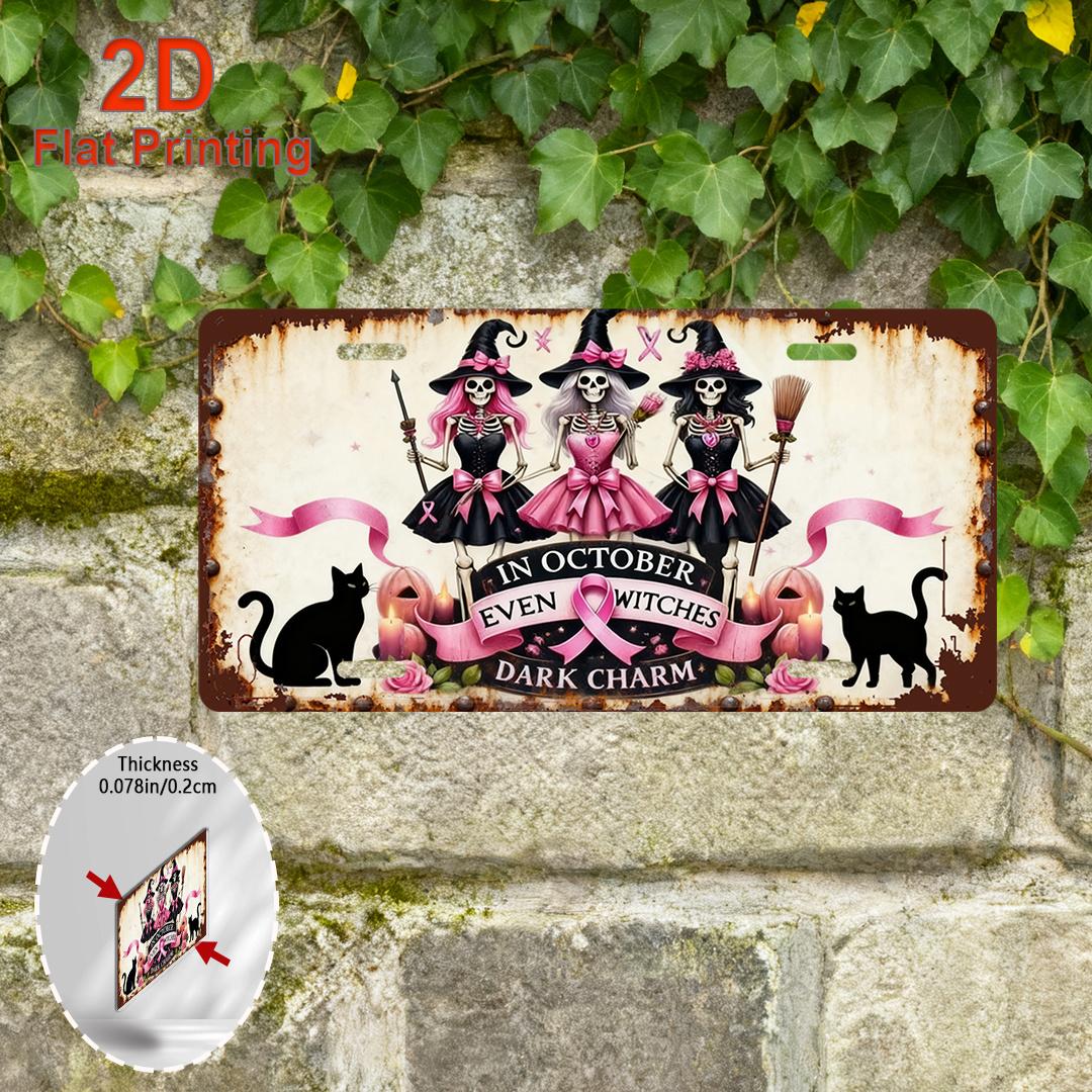 D Flat Halloween In October Even Witches Skeleton Witches with Black Cats Aluminum Tin Painting License Plate Shape Spooky D 15x30cm(5.9x7.8inch)