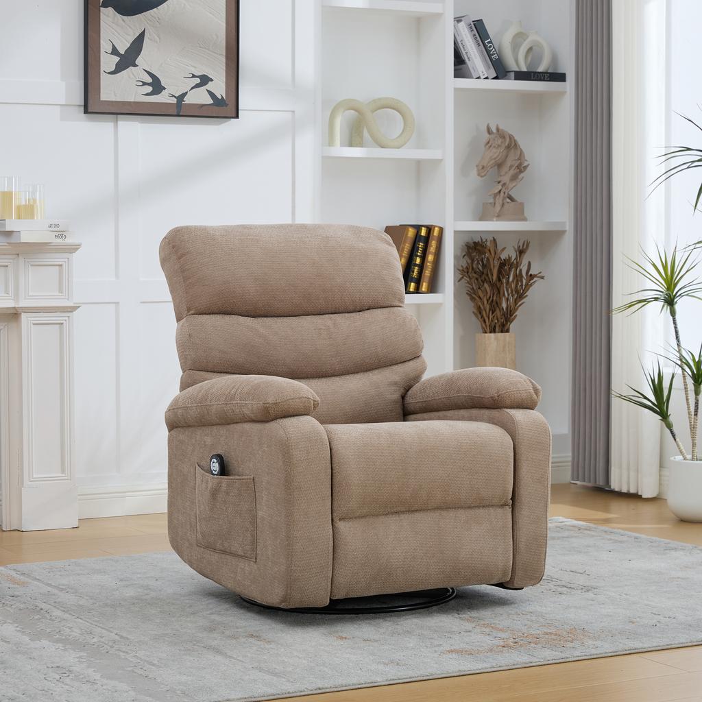 Sedia relax elettrica girevole a 360 gradi con funzione massaggio e riscaldamento, schienale e poggiapiedi regolabili manualmente, nonché tasche laterali portaoggetti