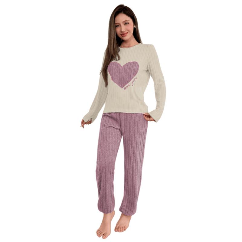 Women’s Heart Embroidered Pajama Set Brushed Long Sleeve Top and Long Pants Loungewear Suitable for Outdoor Wear
